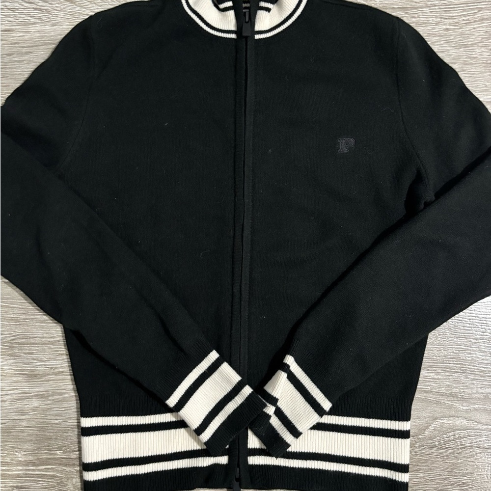 🍎🍎 SOLD🍎🍎PINK Victoria's Secret Black Varsity Jacket with White Stripes, Size: M - Picture 3 of 4